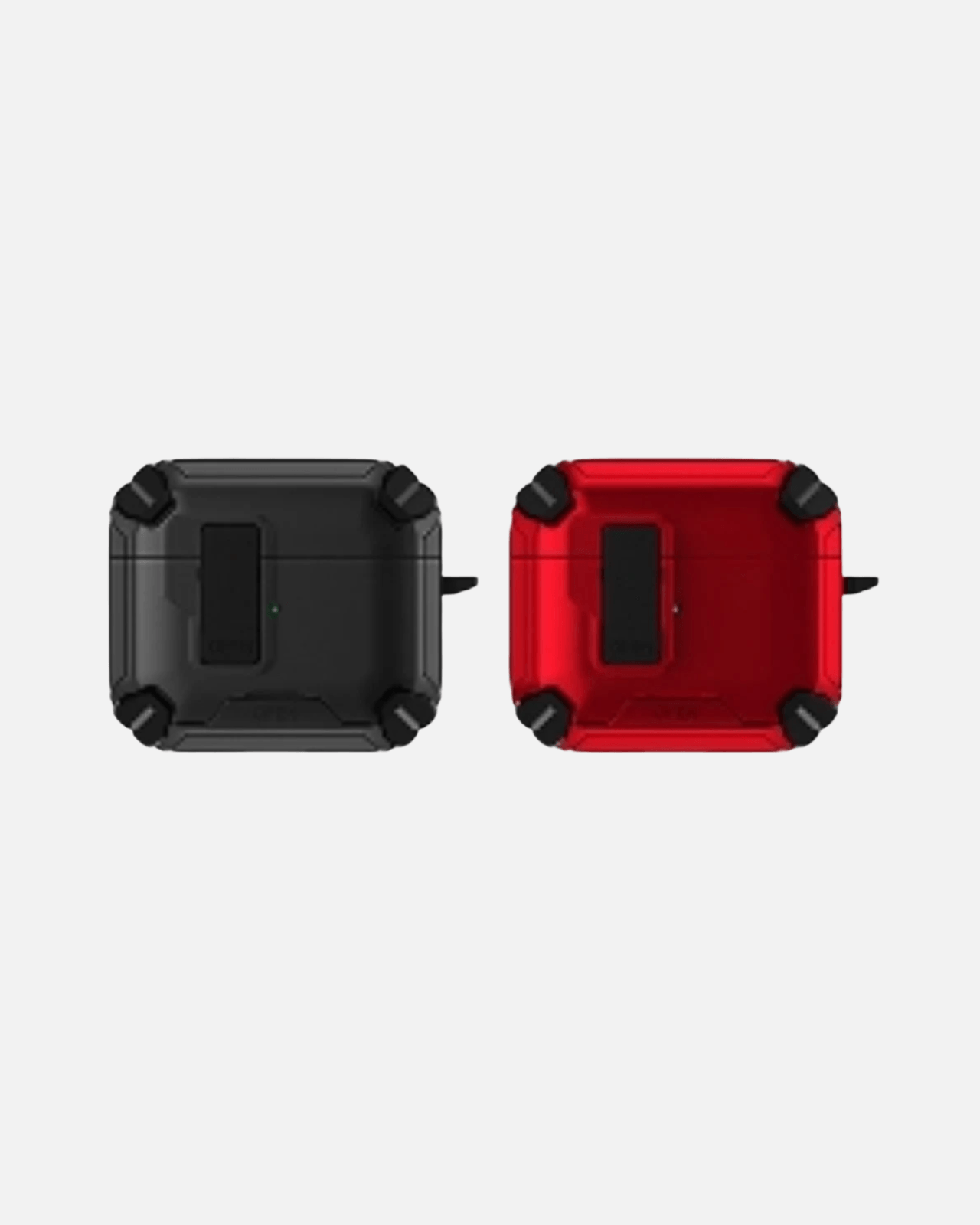 AirPods 4 rugged armor case in black and red, featuring kickstand, shockproof design, and secure lock.