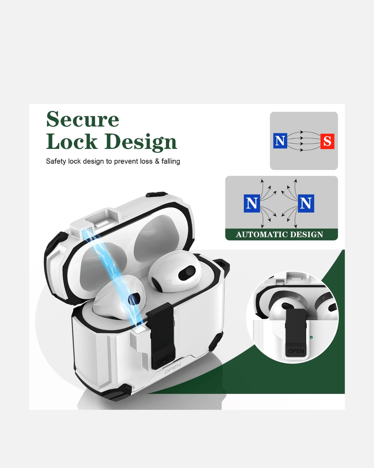 AirPods 4 case showcasing secure lock design with safety features to prevent loss and drops.