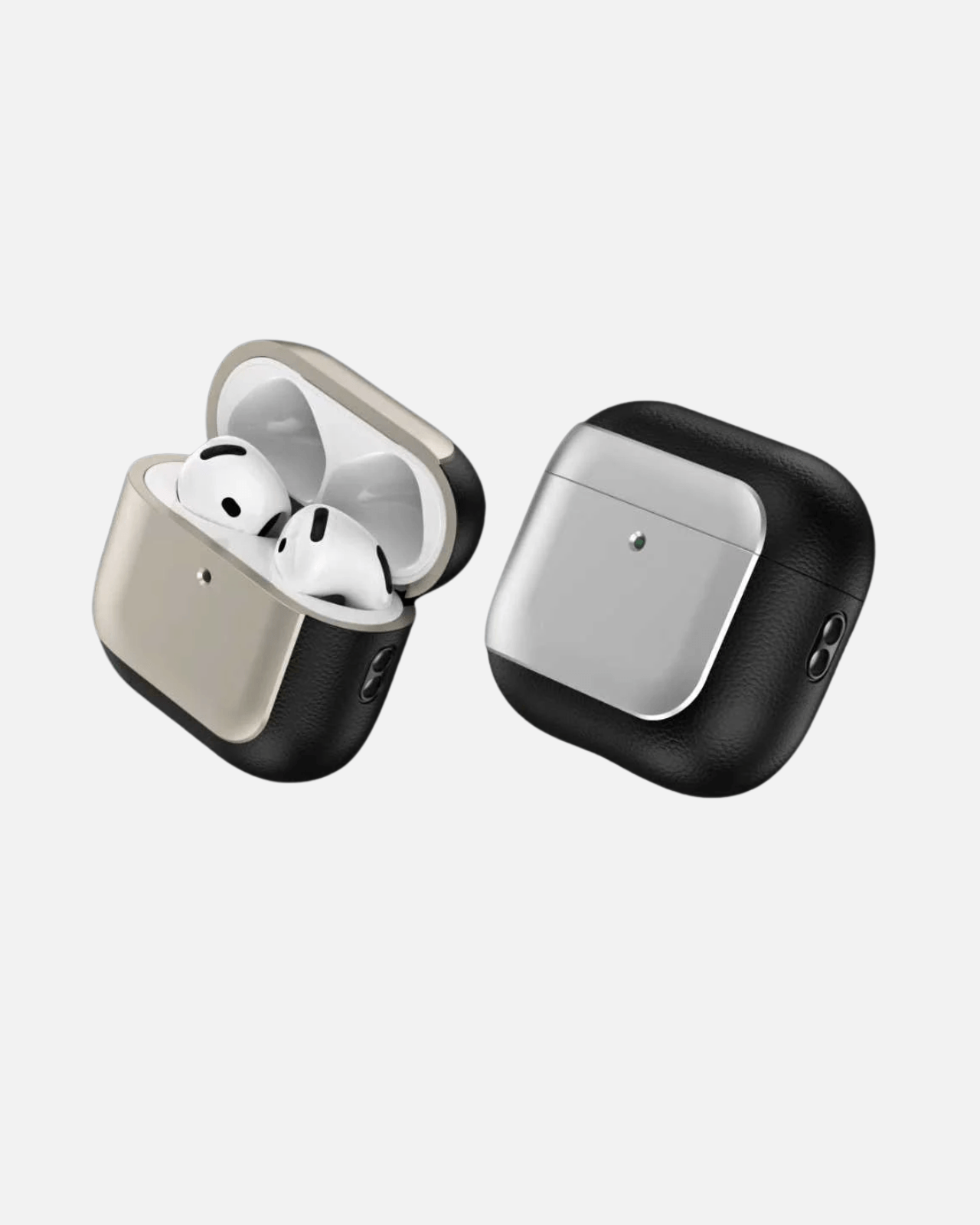 AirPods 4 Leather Case in black and silver with AirPods inside, showcasing premium protection and elegant design.