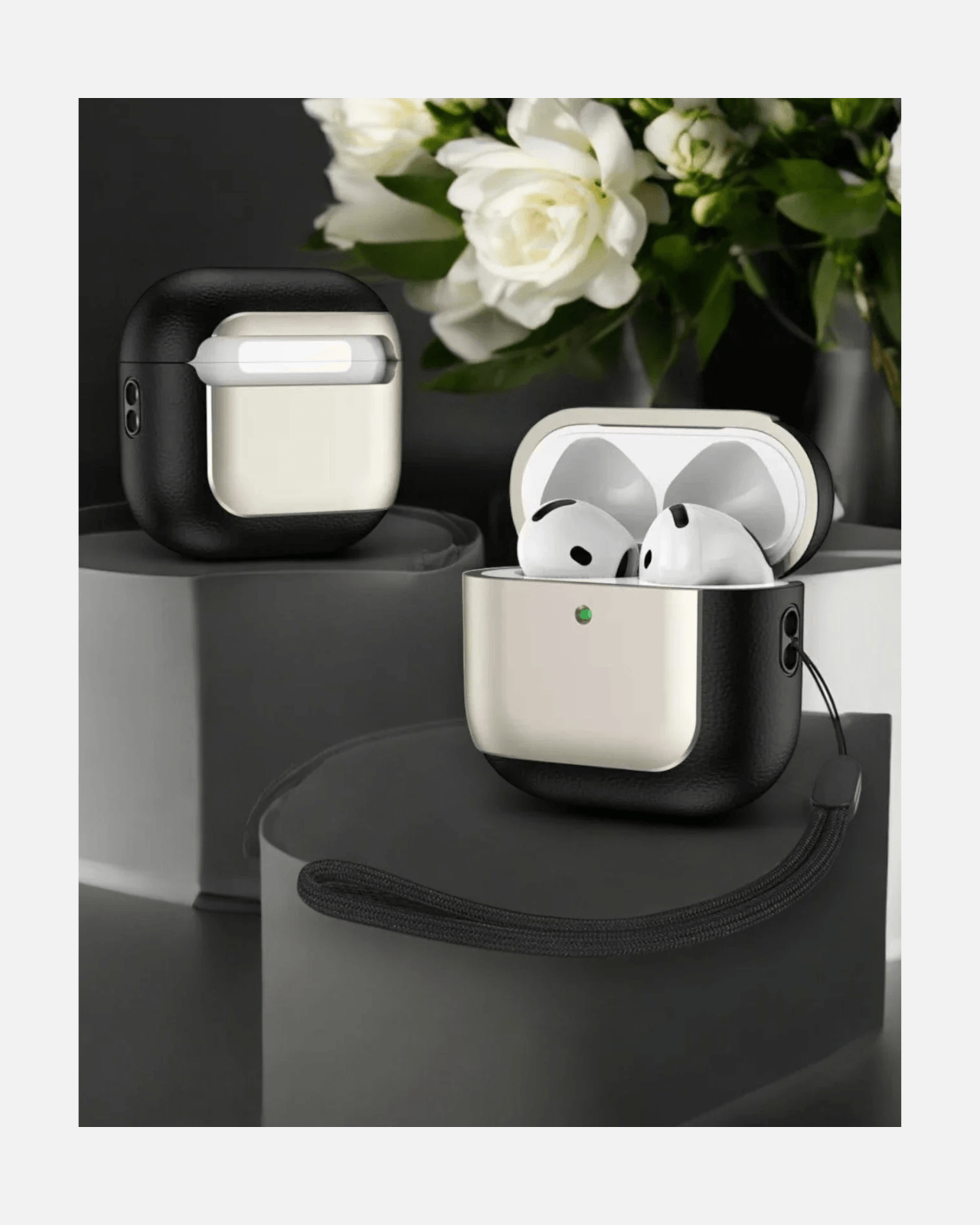 AirPods 4 Premium Leather Case in dual-tone design with floral background, featuring easy access and a wrist strap.
