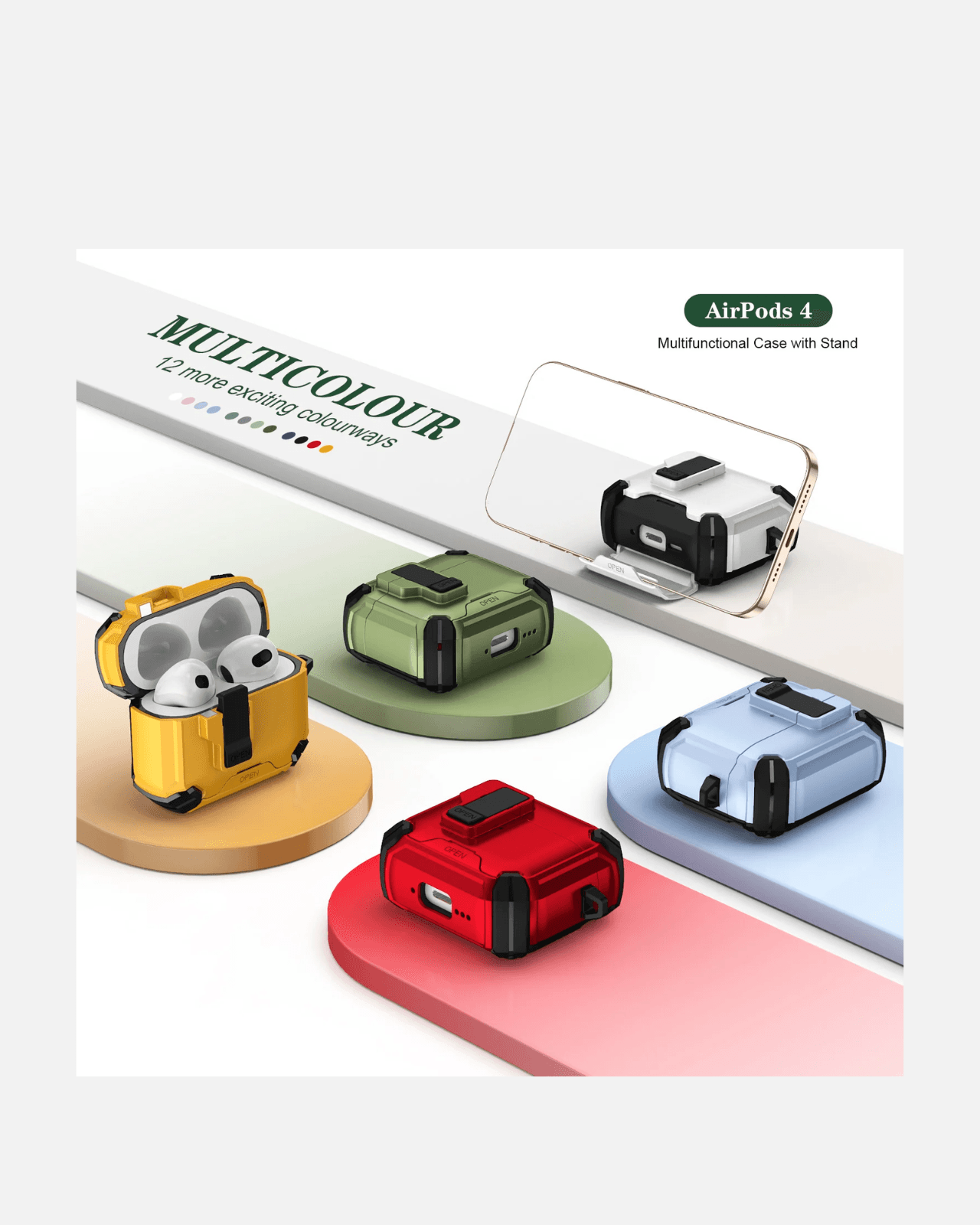 Colorful AirPods 4 case collection with stand, showcasing rugged armor design and shockproof protection.