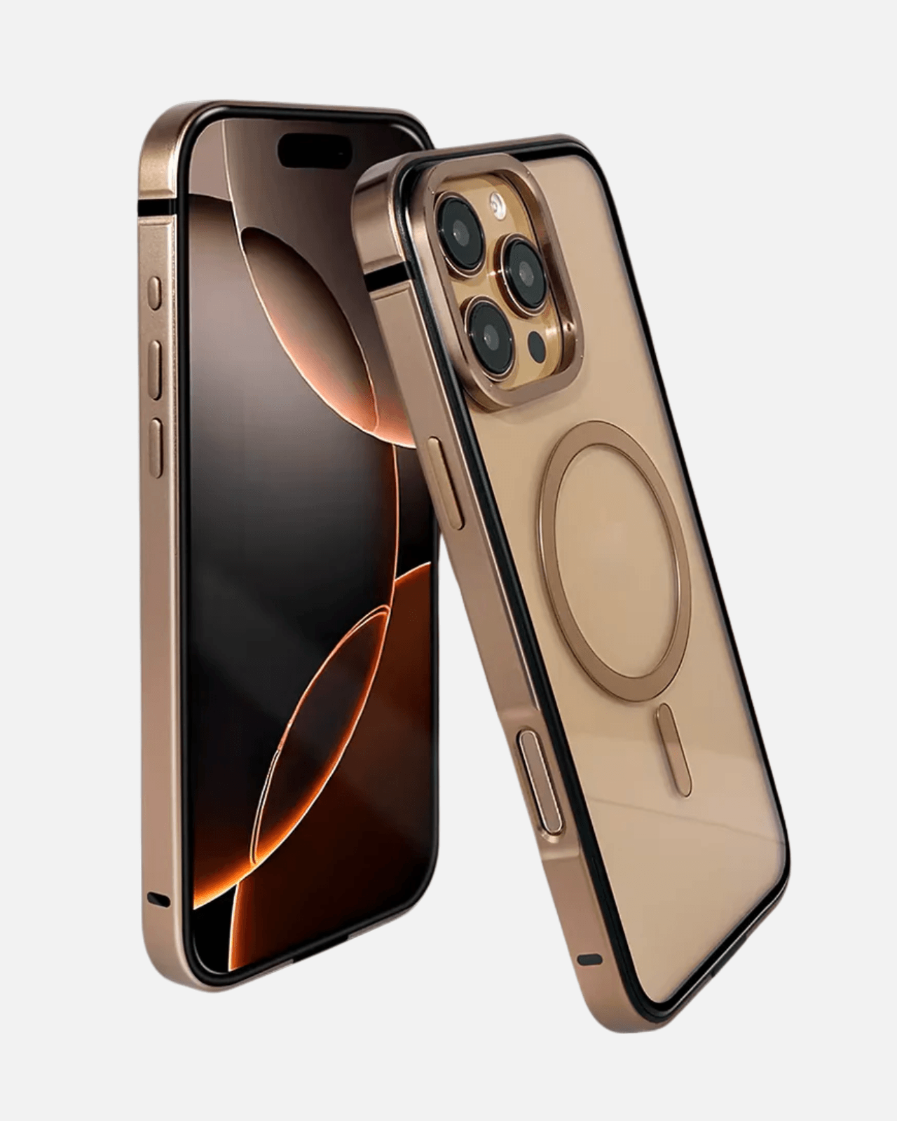 Aluminum Alloy MagSafe Case for iPhone 16 Pro in Desert Titanium, highlighting its transparent back and sleek design.