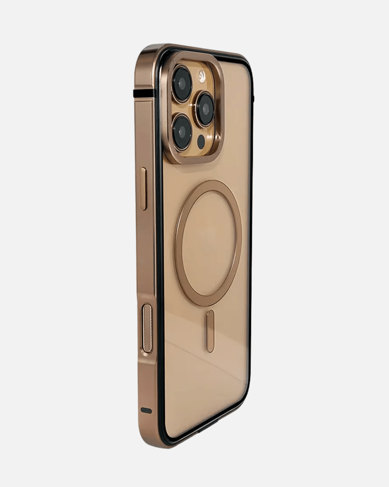 Aluminum Alloy MagSafe case for iPhone 16 Pro in Desert Titanium, featuring a transparent back and durable bezel.