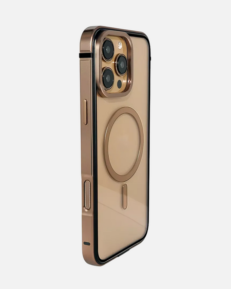 Aluminum Alloy MagSafe case for iPhone 16 Pro in Desert Titanium, featuring a transparent back and durable bezel.