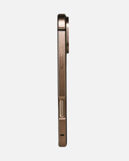 Side view of Aluminum Alloy MagSafe Case for iPhone 16 Pro in Desert Titanium finish, showcasing sleek design and buttons.
