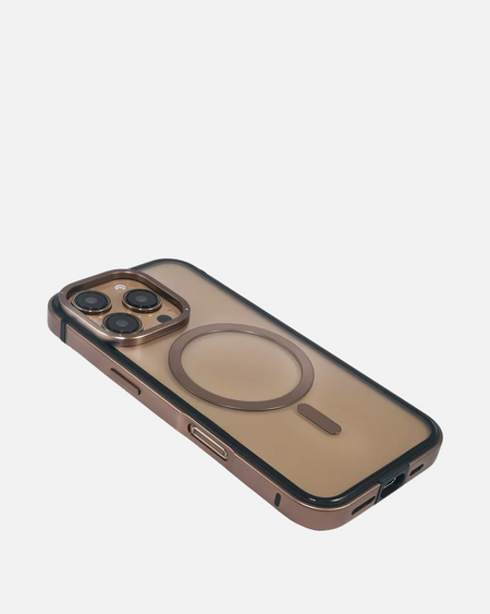 Aluminum Alloy MagSafe Case for iPhone 16 Pro with transparent back in Desert Titanium design.