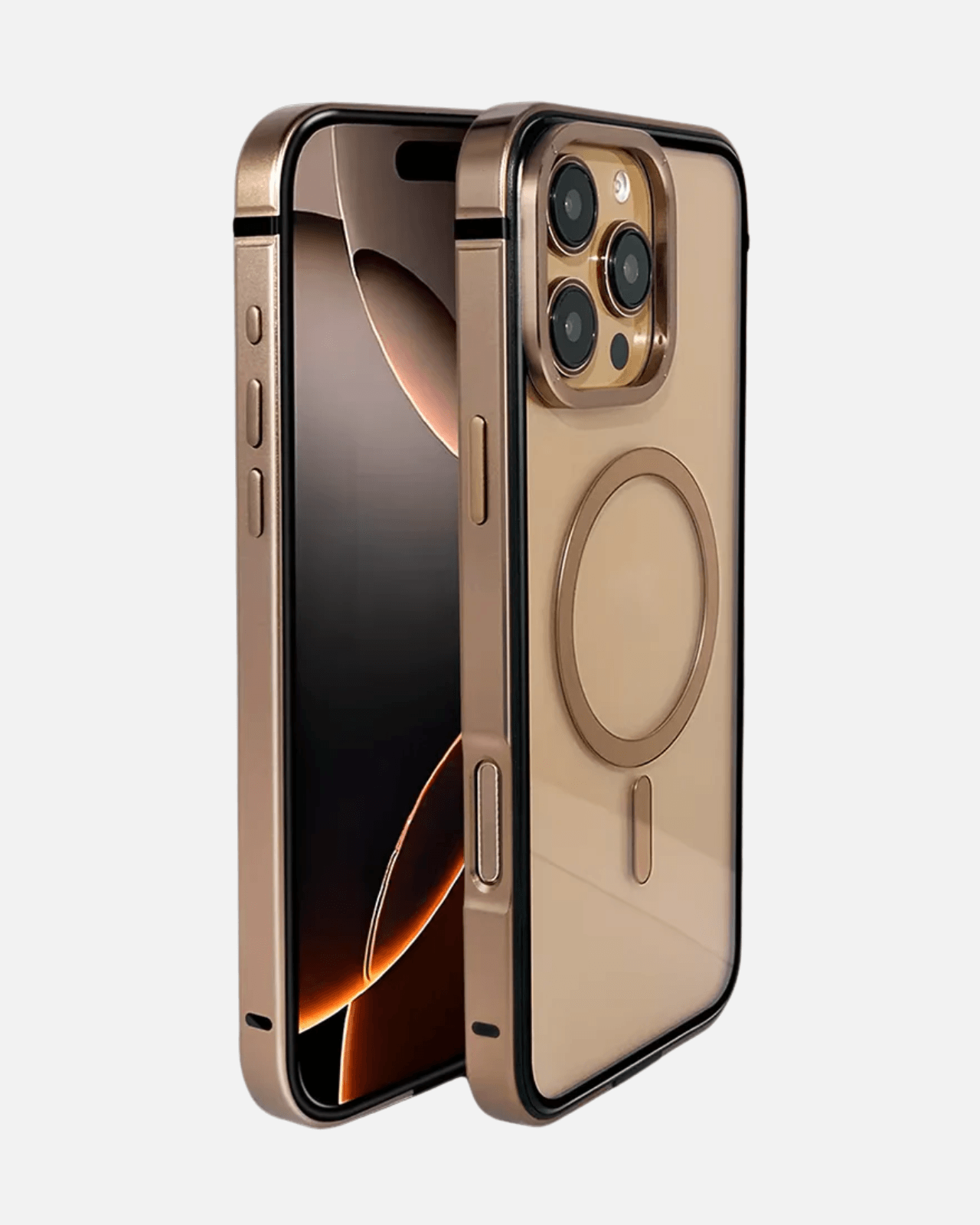 Aluminum Alloy MagSafe Case for iPhone 16 Pro in Desert Titanium with transparent back and raised bezels.