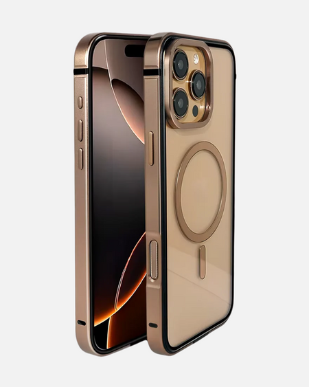 Aluminum Alloy MagSafe Case for iPhone 16 Pro in Desert Titanium with transparent back and raised bezels.