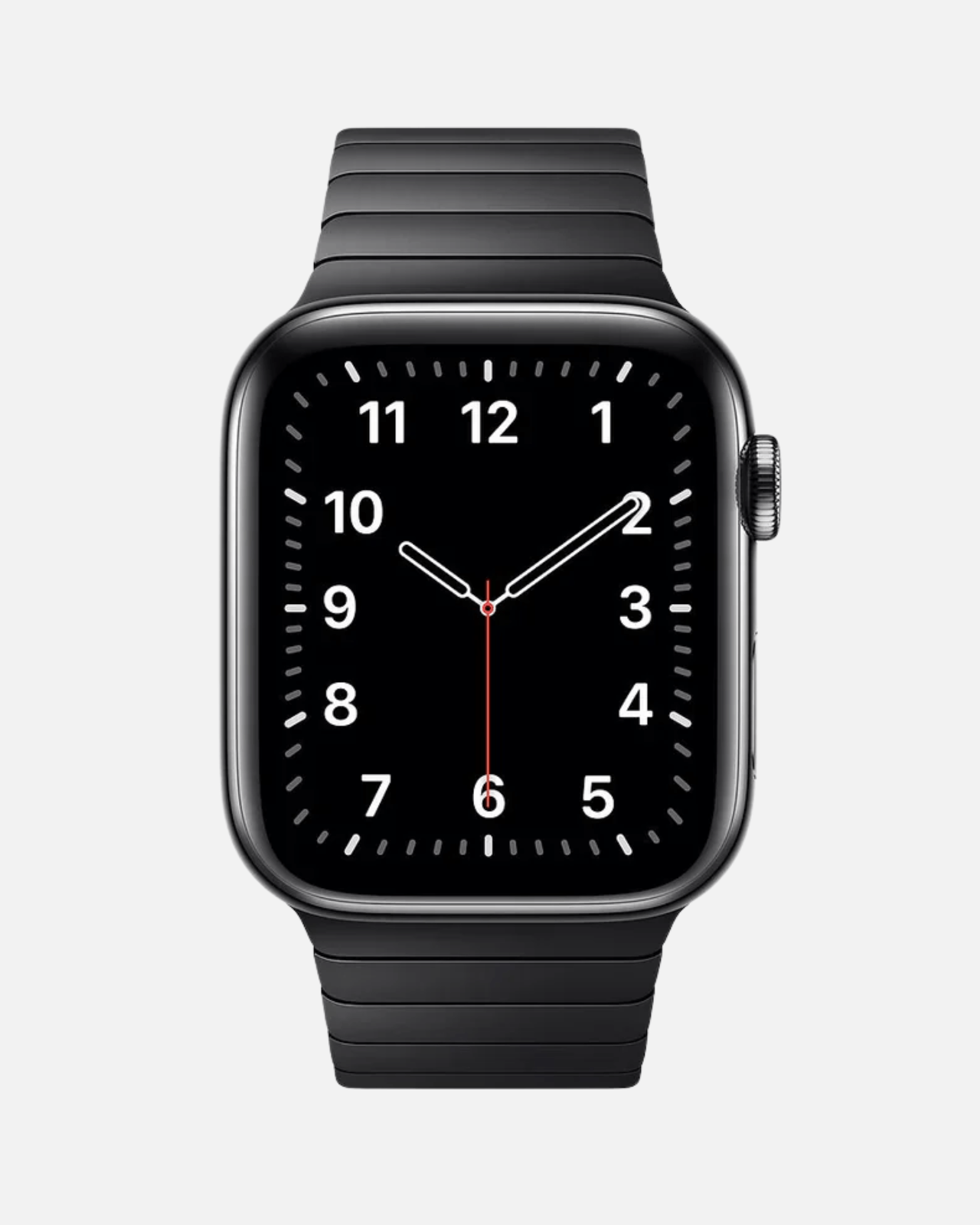 Apple Watch with black strap displaying time in a sleek digital interface, showcasing modern design.