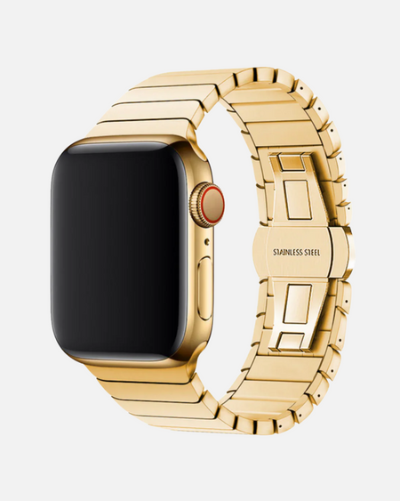 Apple Watch with gold stainless steel link bracelet, elegant premium metal strap for all models.