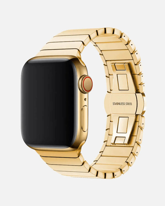 Stainless Steel Link Bracelet for Apple Watch 42/44/45/49mm in gold finish with premium metal links and secure clasp. Elegant upgrade for Apple Watch.
