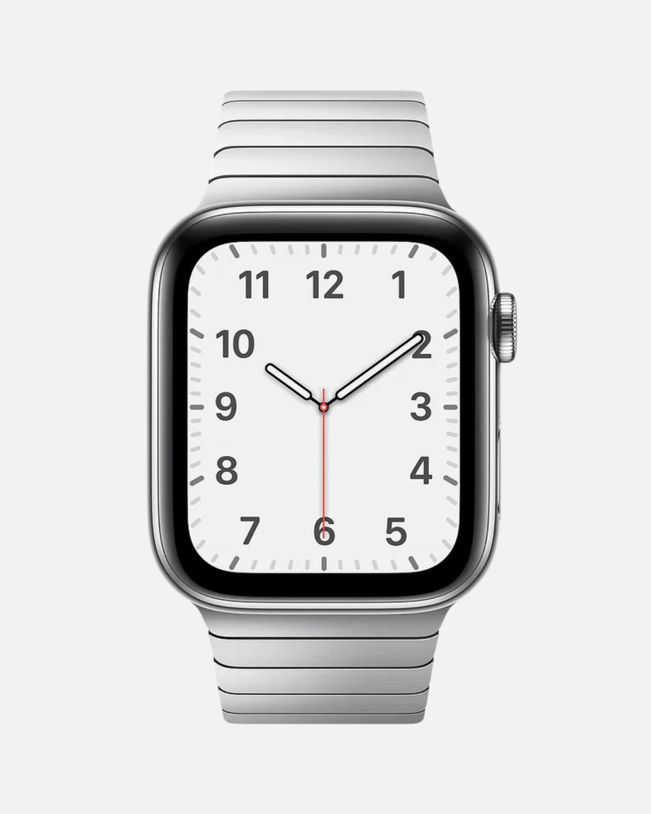 Apple Watch with stainless steel link bracelet band displaying a classic watch face, perfect for all styles.