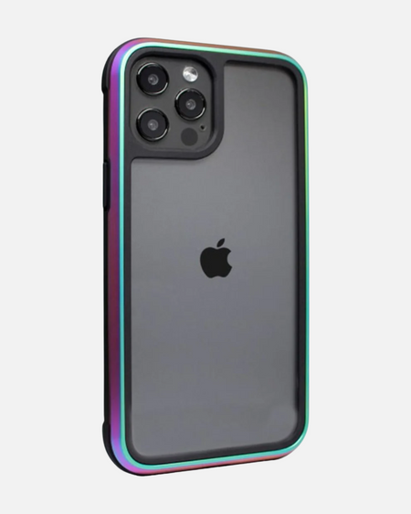 Ares Aurora Aluminum iPhone Case with iridescent border, offering military-grade protection and sleek design.
