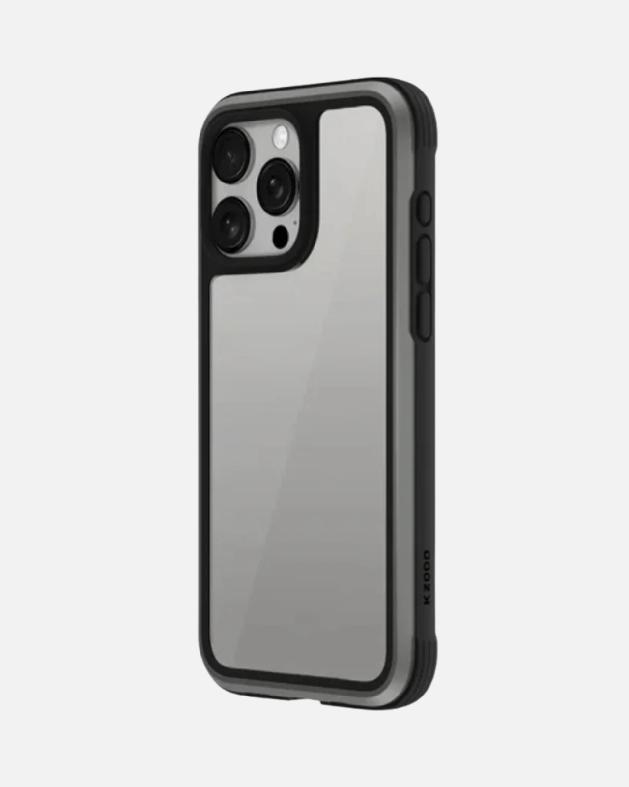 Ares Titanium Grey iPhone bumper case showcasing transparent back and rugged design for military-grade protection.