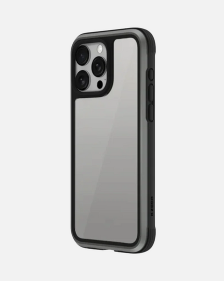 Ares Titanium Grey iPhone bumper case showcasing transparent back and rugged design for military-grade protection.