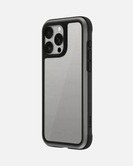 Ares Titanium Grey iPhone bumper case showcasing transparent back and rugged design for military-grade protection.