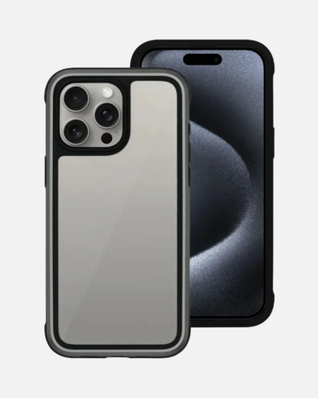 Ares Titanium Grey Bumper Case for iPhones, featuring aviation-grade aluminum protection and transparent back.