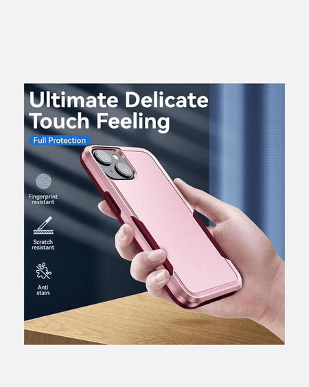 Hands holding a pink dual-layer shockproof iPhone case, showcasing fingerprint and scratch resistance features.