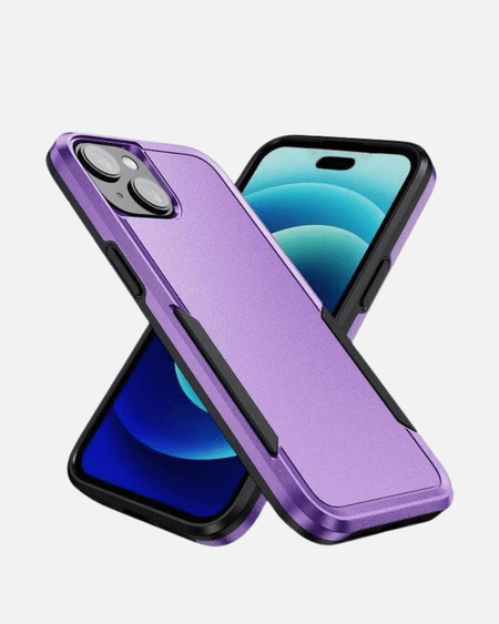 Purple dual-layer shockproof case for iPhone 13/14/15/16E, showcasing premium protection and stylish design.