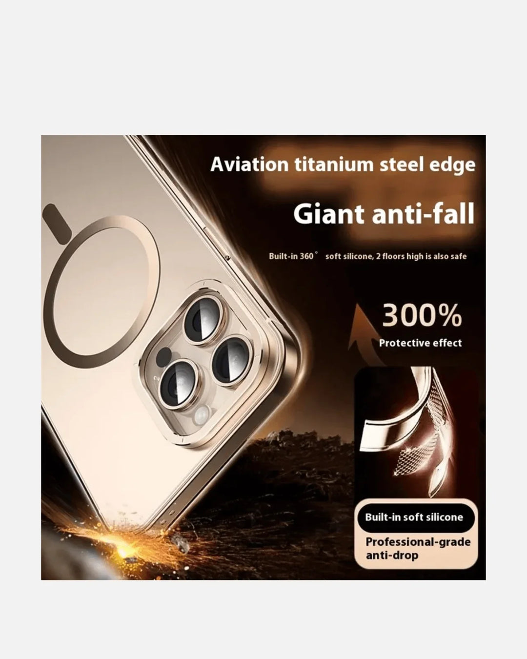 Aviation titanium steel edge iPhone case featuring 360° soft silicone and professional-grade anti-fall protection.