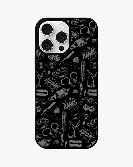 Black Comic Art Phone Case with doodles and street-style motifs for iPhone, Samsung, OnePlus and Google Pixel.