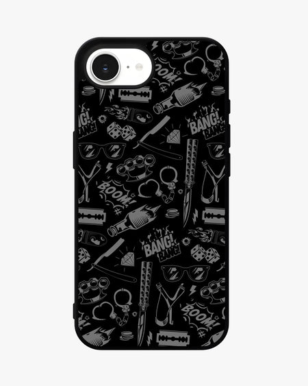 Black comic art phone case with doodled weapons, dice, and bold 'BOOM!' and 'BANG!' motifs for iPhone and Android.