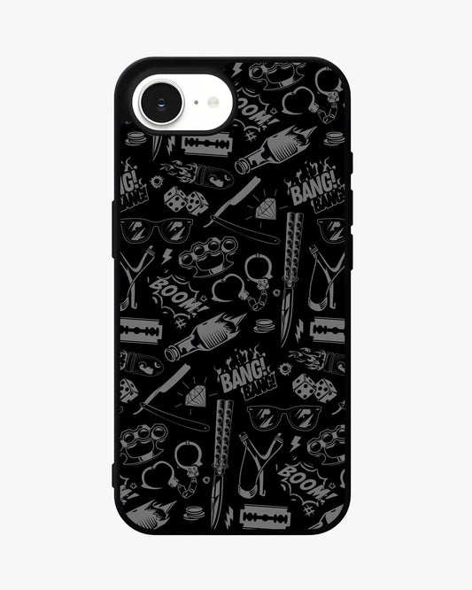 Black comic art phone case with doodled weapons, dice, and bold 'BOOM!' and 'BANG!' motifs for iPhone and Android.