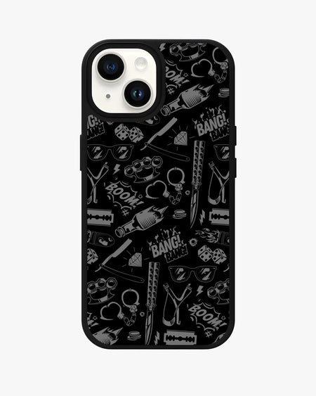 Black Comic Art Phone Case with doodles and bold motifs for iPhone, Samsung, OnePlus & Google Pixel.