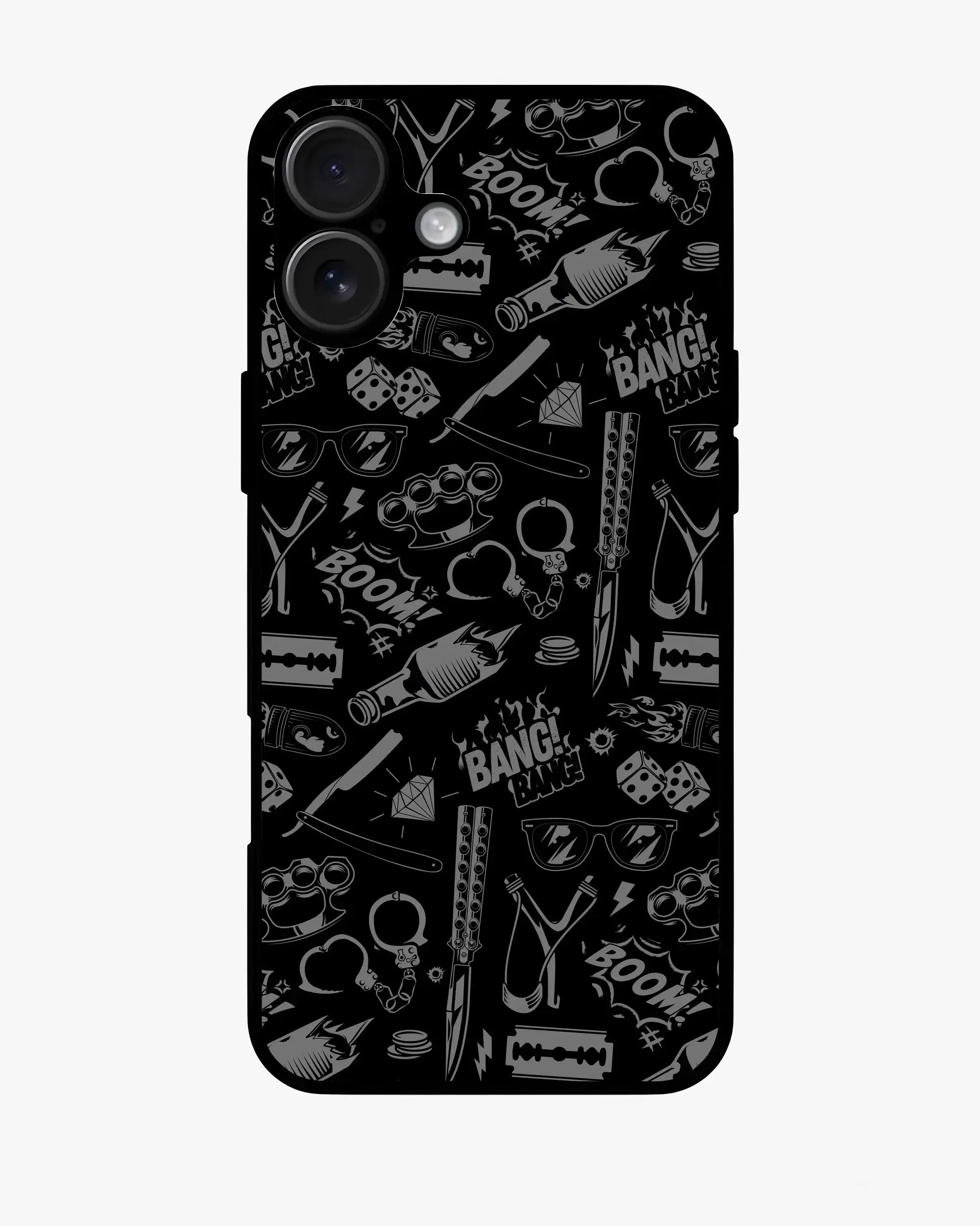Black Comic Art Phone Case with doodles of weapons, dice, and street-style motifs for iPhone, Samsung, OnePlus, Google Pixel.