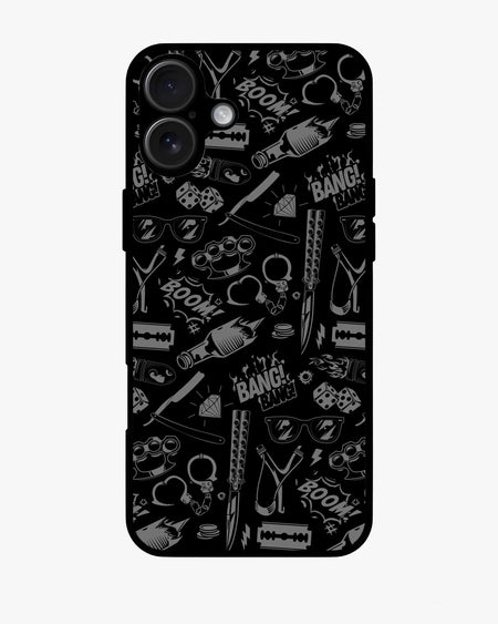 Black Comic Art Phone Case with doodles of weapons, dice, and street-style motifs for iPhone, Samsung, OnePlus, Google Pixel.