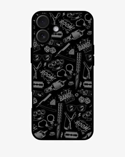 Black Comic Art Phone Case with doodles of weapons, dice, and street-style motifs for iPhone, Samsung, OnePlus, Google Pixel.
