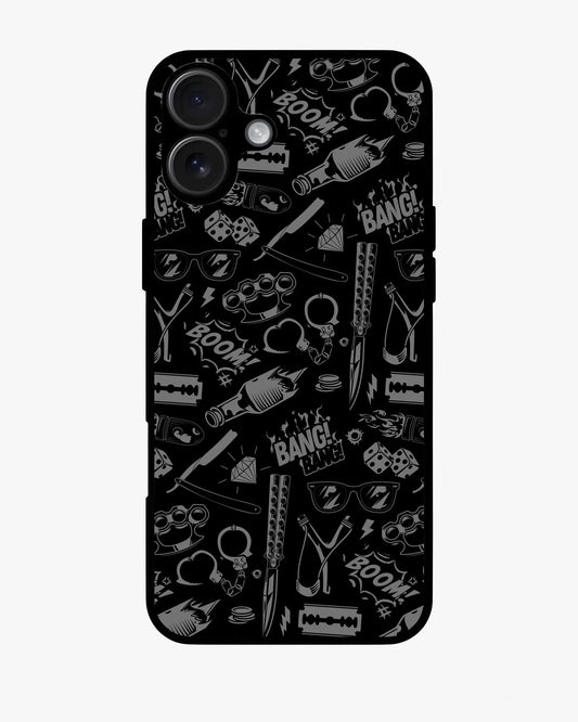 Black Comic Art Phone Case with doodles of weapons, dice, and street-style motifs for iPhone, Samsung, OnePlus, Google Pixel.