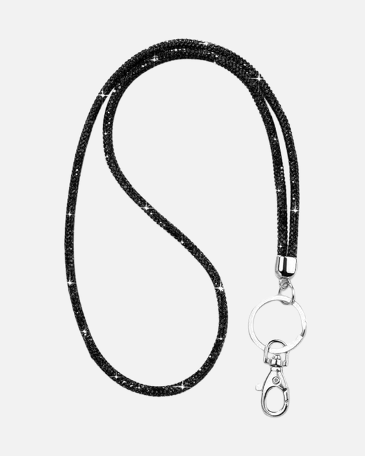 Black crystal lanyard strap with keychain clip, featuring rhinestone beads and a durable nylon core.