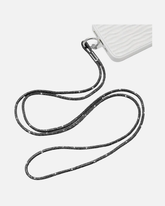 Stylish black crystal lanyard strap with keychain clip for phones and ID badges.