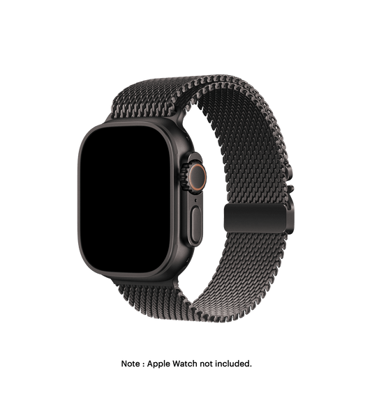 Black Milanese Loop 2.0 Apple Watch Band showcasing a snug and secure fit, ideal for everyday wear.