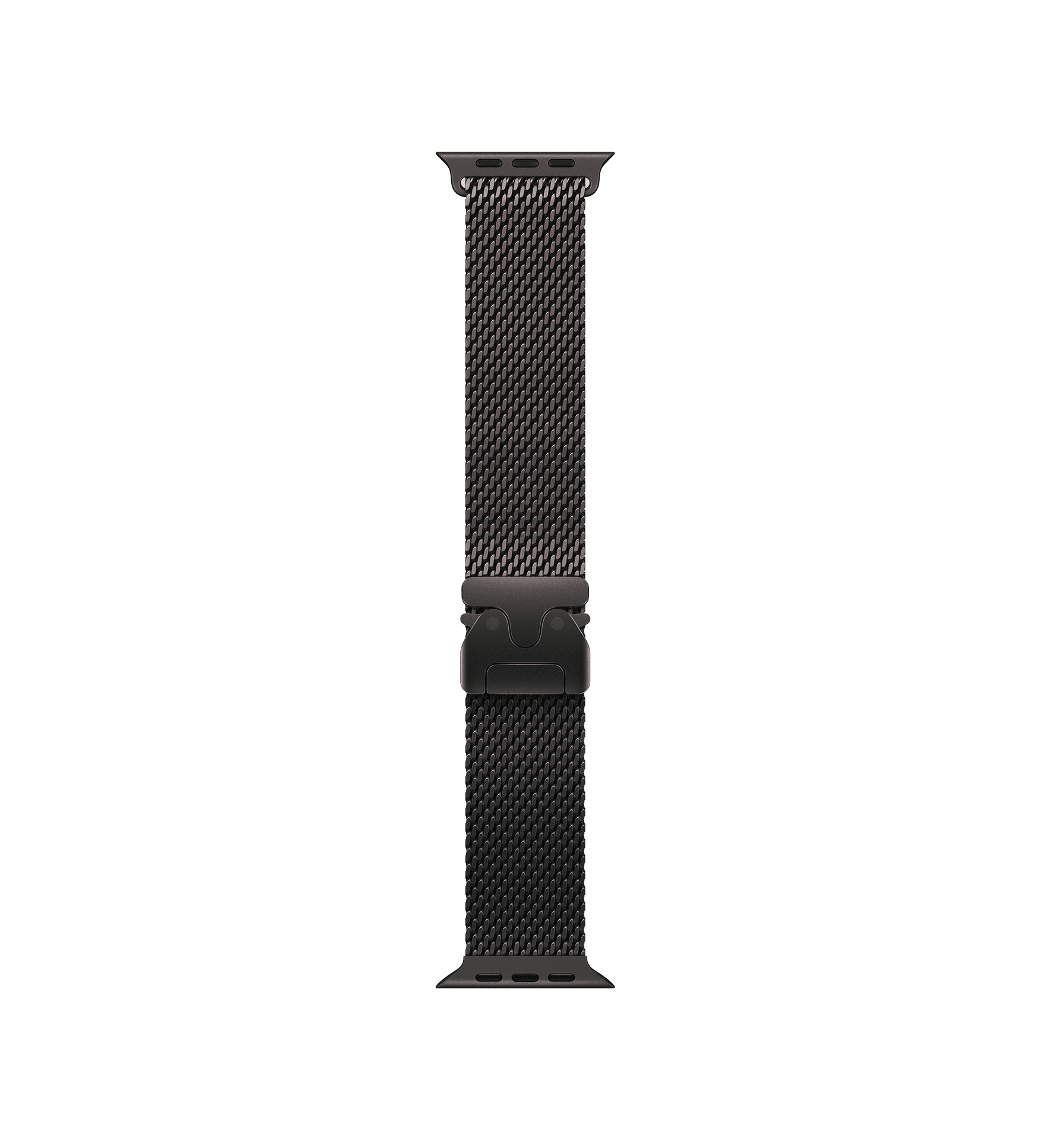 Black Milanese Loop 2.0 Apple Watch Band featuring a parachute-style buckle for a secure fit.