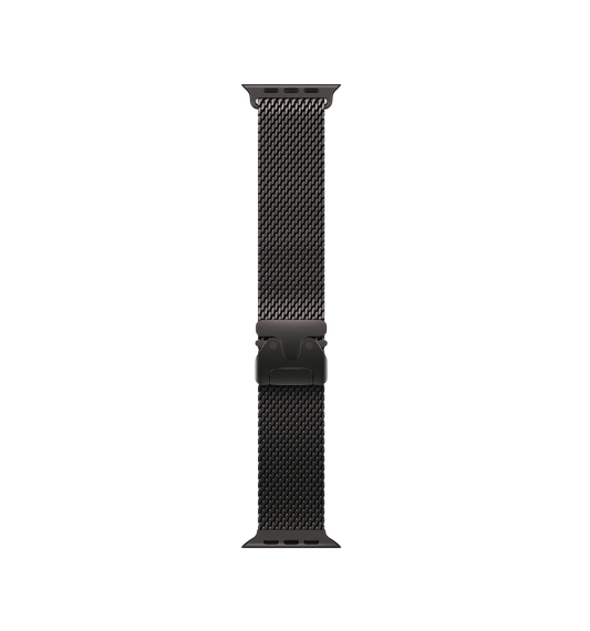 Black Milanese Loop 2.0 Apple Watch Band featuring a parachute-style buckle for a secure fit.