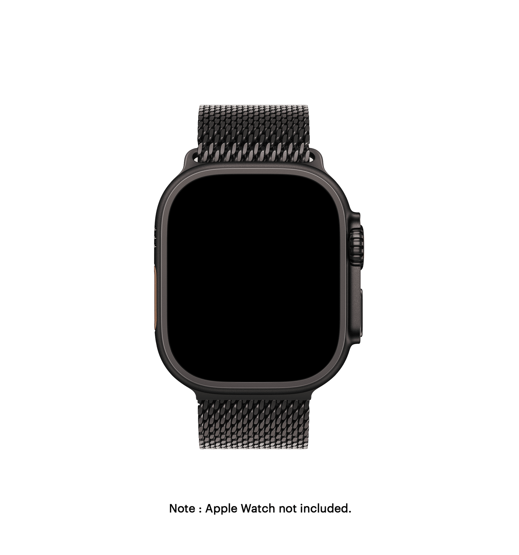 Black Milanese Loop 2.0 Apple WatchBand displayed on a smartwatch, showcasing a sleek design and parachute-style buckle.