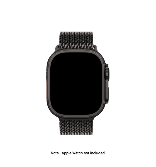 Black Milanese Loop 2.0 Apple WatchBand displayed on a smartwatch, showcasing a sleek design and parachute-style buckle.
