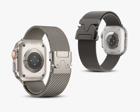 Black Milanese Loop 2.0 Apple Watch Band showcased on two Apple Watches from different angles.