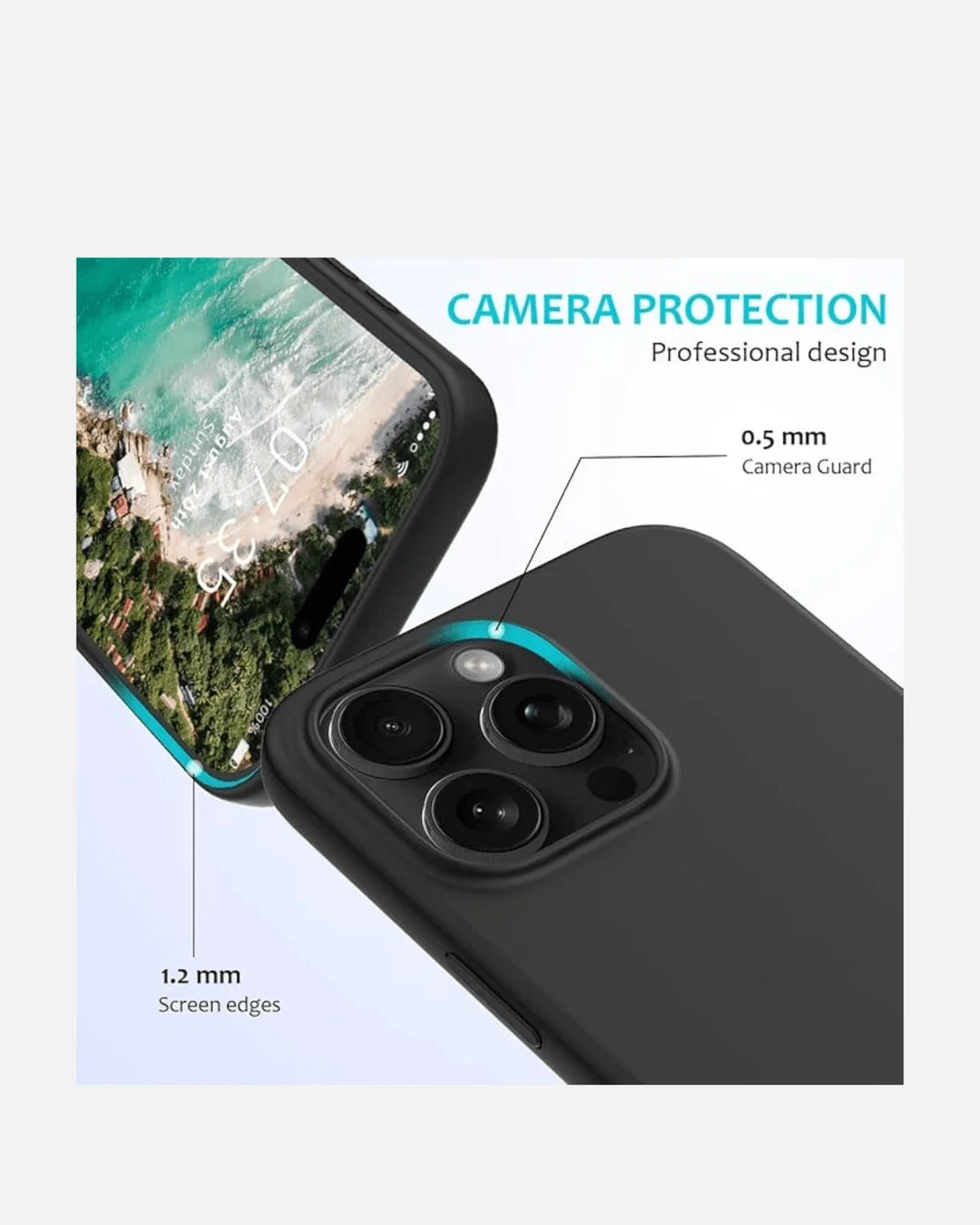 Close-up of iPhone 16 Pro Max in Soft Silicone Case, highlighting camera protection and edge coverage.