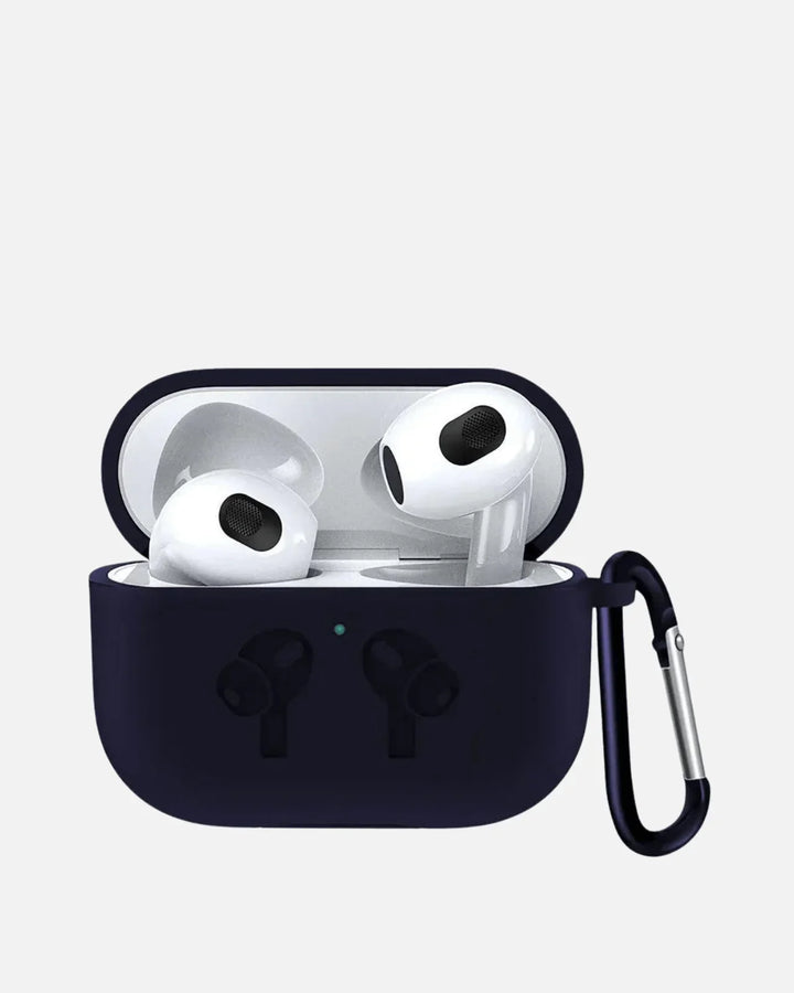 Black soft silicone protective case for AirPods 4th generation, snug fit, compatible with wireless charging.