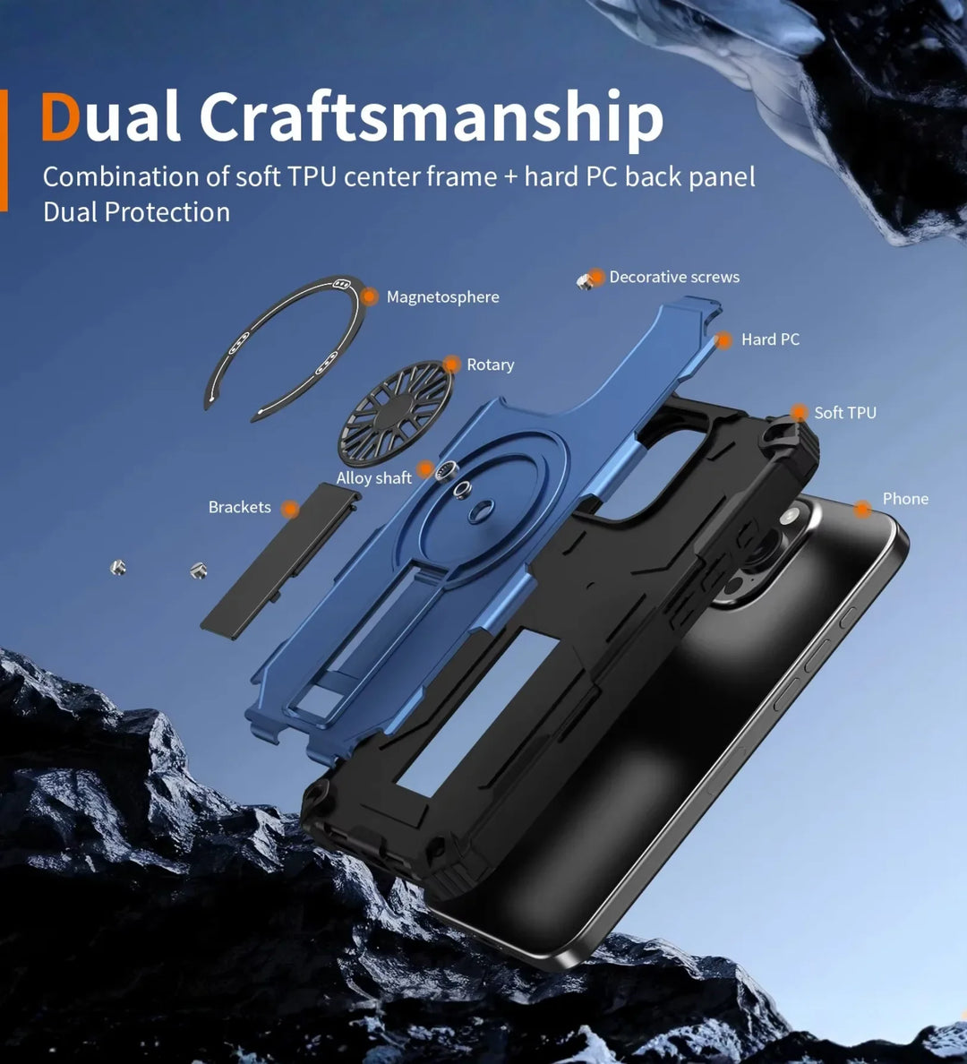 Heavy Duty Magnetic Armor iPhone Case with Kickstand & Spin Wheel - Blue - Creslia