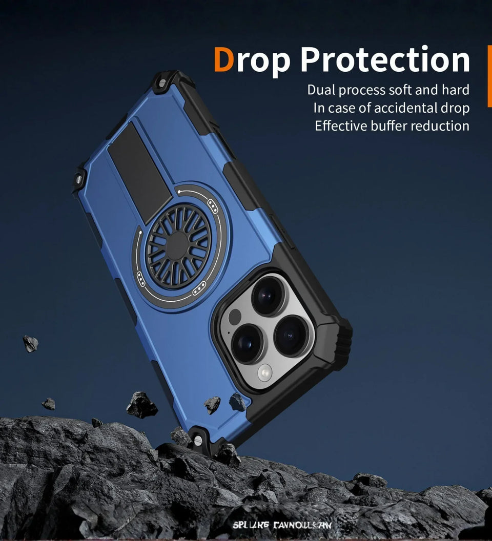 Heavy Duty Magnetic Armor iPhone Case with Kickstand & Spin Wheel - Blue - Creslia