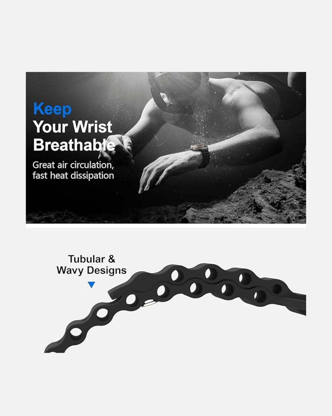 Breathable silicone strap for Apple Watch with tubular design, showcasing great air circulation for athletes.