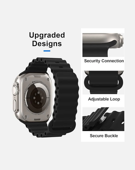 Black breathable silicone strap for Apple Watch with adjustable loop and secure buckle for maximum comfort.
