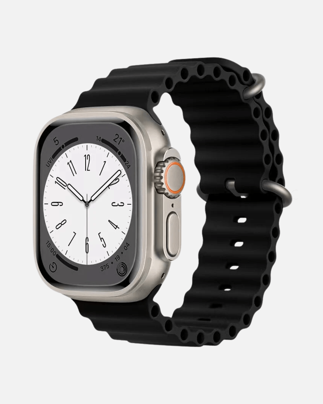 Black breathable silicone strap for Apple Watch 42/44/45/49mm, featuring a secure buckle and wavy design.