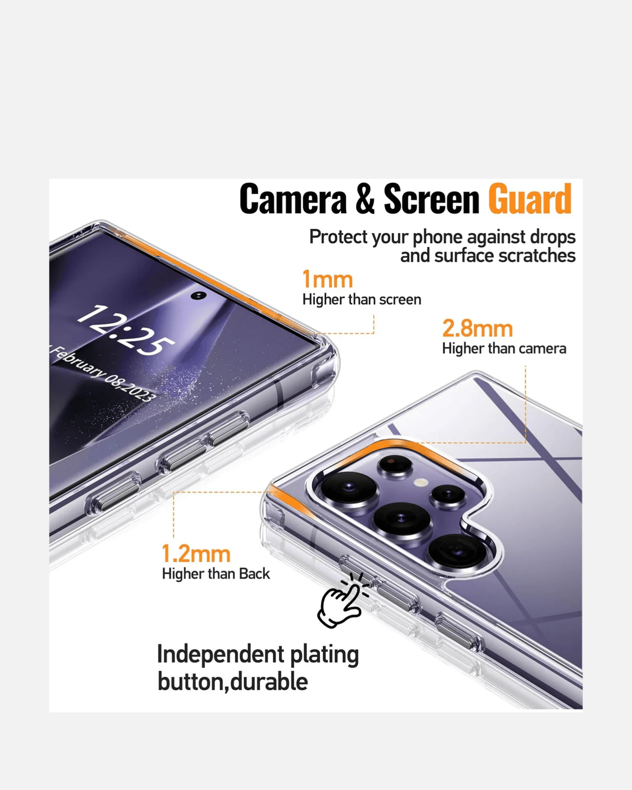 Infographic showcasing camera and screen protection details for the Galaxy S25 Ultra shockproof case.
