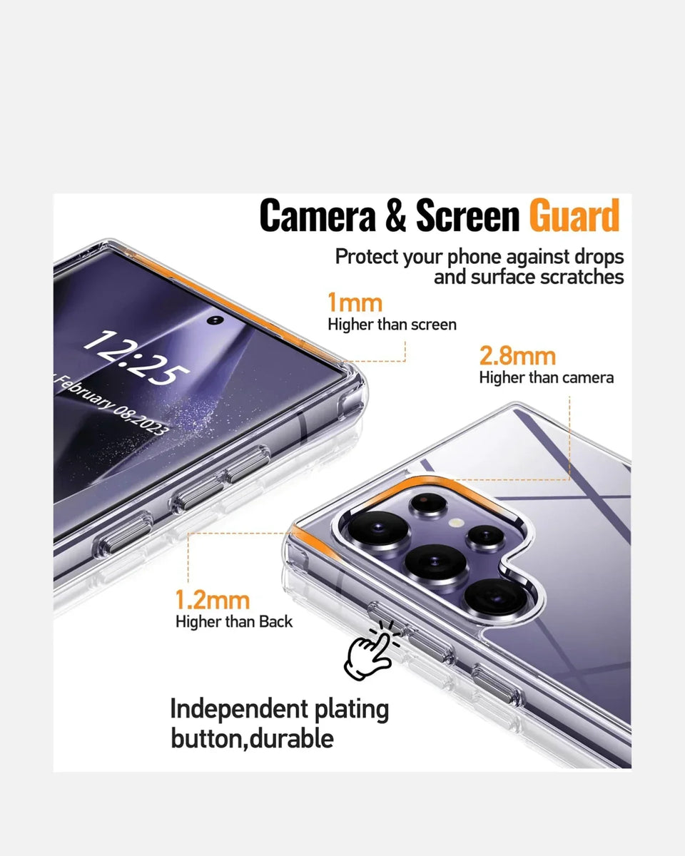 Infographic showcasing camera and screen protection details for the Galaxy S25 Ultra shockproof case.