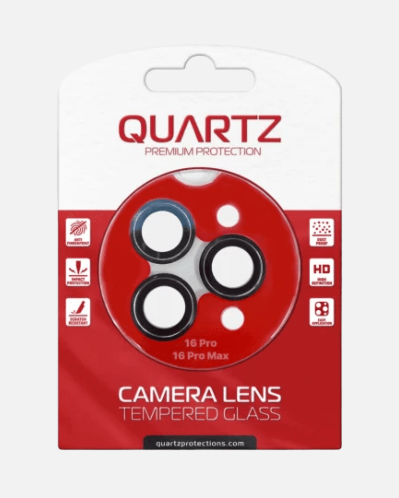 QUARTZ Camera Lens Protector for iPhone 16 Pro and 16 Pro Max in packaging, featuring tempered glass protection.